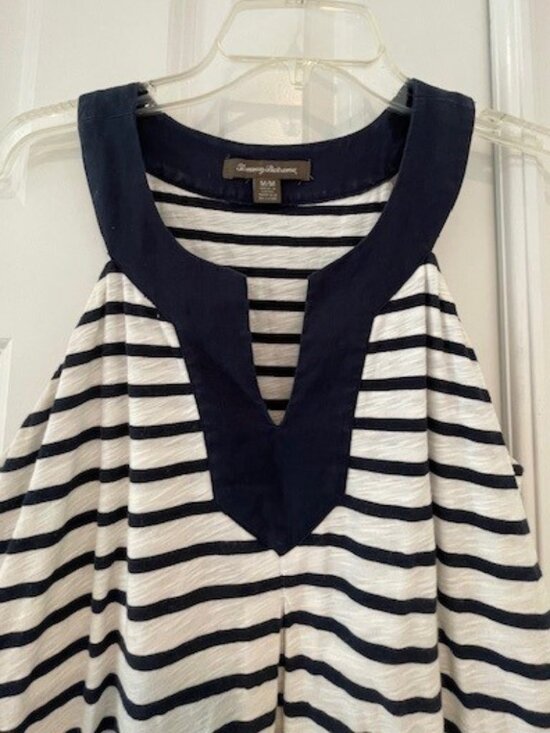 TOMMY BAHAMA Sleeveless Blue White Striped w/Tropical Print Cotton Dress MEDIUM - Picture 4 of 14